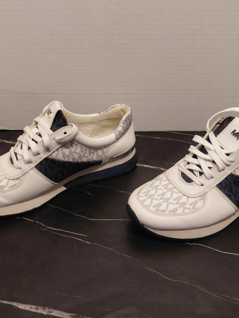 Michael Kors White and Navy MK Logo Lace-Up Sneakers